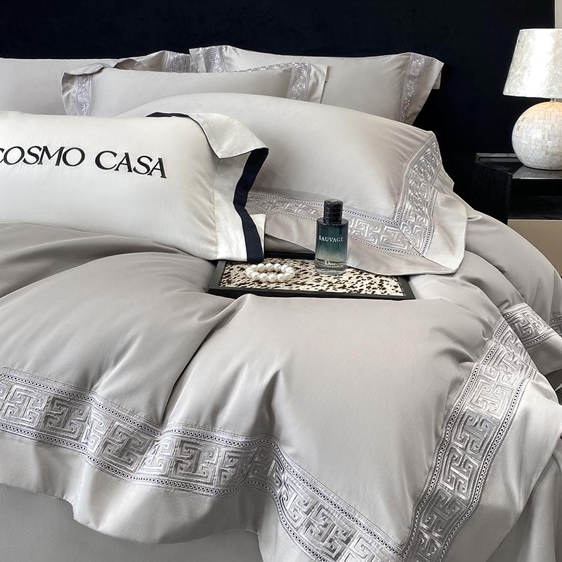 

100% Египетский Хлопок Белый Роскошная Вышивка Постельное Белье в Гостиничном Стиле Комплект Пододеяльник Простыня Плоская/Натяжная Наволочки 4шт Fitted Bed Sheet&Queen 200X230cm 4pcs серый