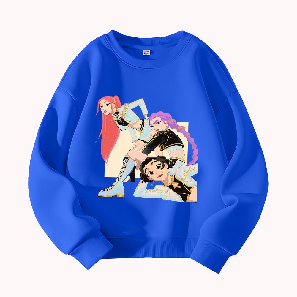 Anime Mädchengruppe Print Rundhals Sweatshirt Damen Freizeit Langarm Pullover Mode Streetwear Top 160 blue