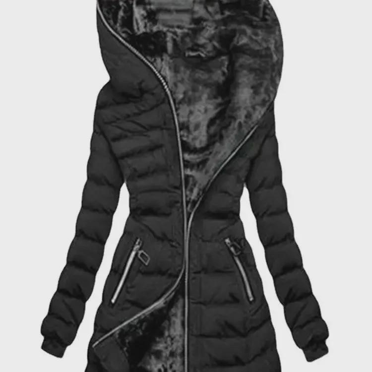 Damen Winterjacke mit Kapuze, langen Ärmeln und mittellanger Reißverschlussjacke aus Samt und Baumwolle