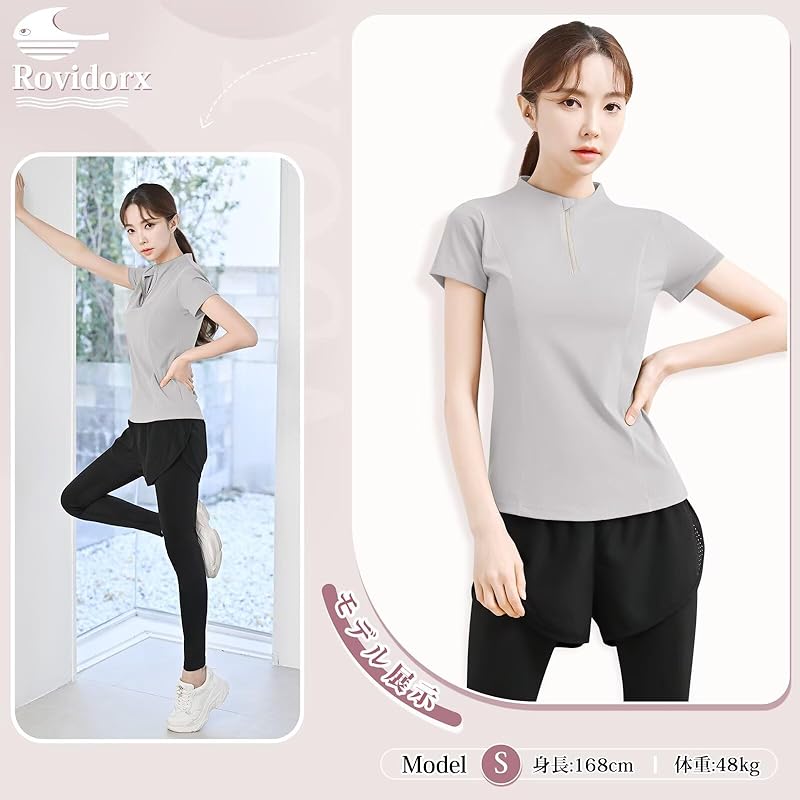 [Rovidorx] Yoga Wear Tops Half Zip Shirt Short Sleeve T-shirt Ladies Sports Training Running Wear Golf Wear Tennis Wear Sportswear Pilates Wear Gym