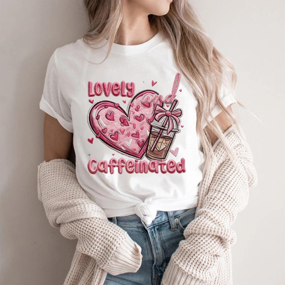 Leopard Heart Butterfly Embroidery Print T-Shirt Short Sleeve Casual White Top for Women Daily Summer Wear S