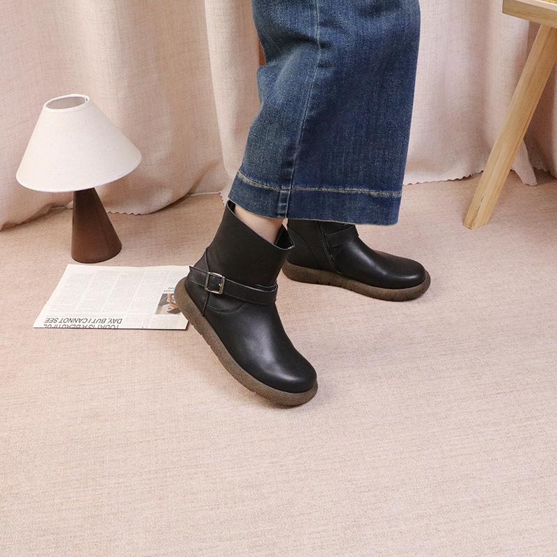 Johnature Retro Klamra Paska Skóra Naturalna Krótkie Botki Okrągły Nosek Boczny Zamek Płaska Podeszwa Damskie Botki