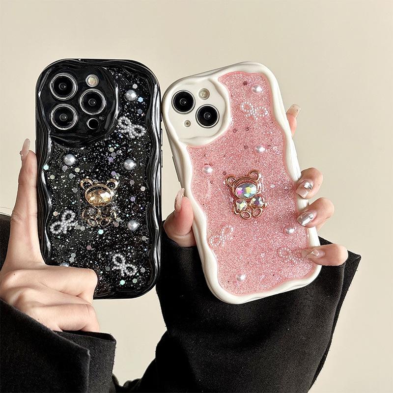 For Apple 17 Pro Diamond Bear Phone Case Light Luxury for IPhone 15 Plus Small Fragrant Style Ins Tie Sparkling Pink