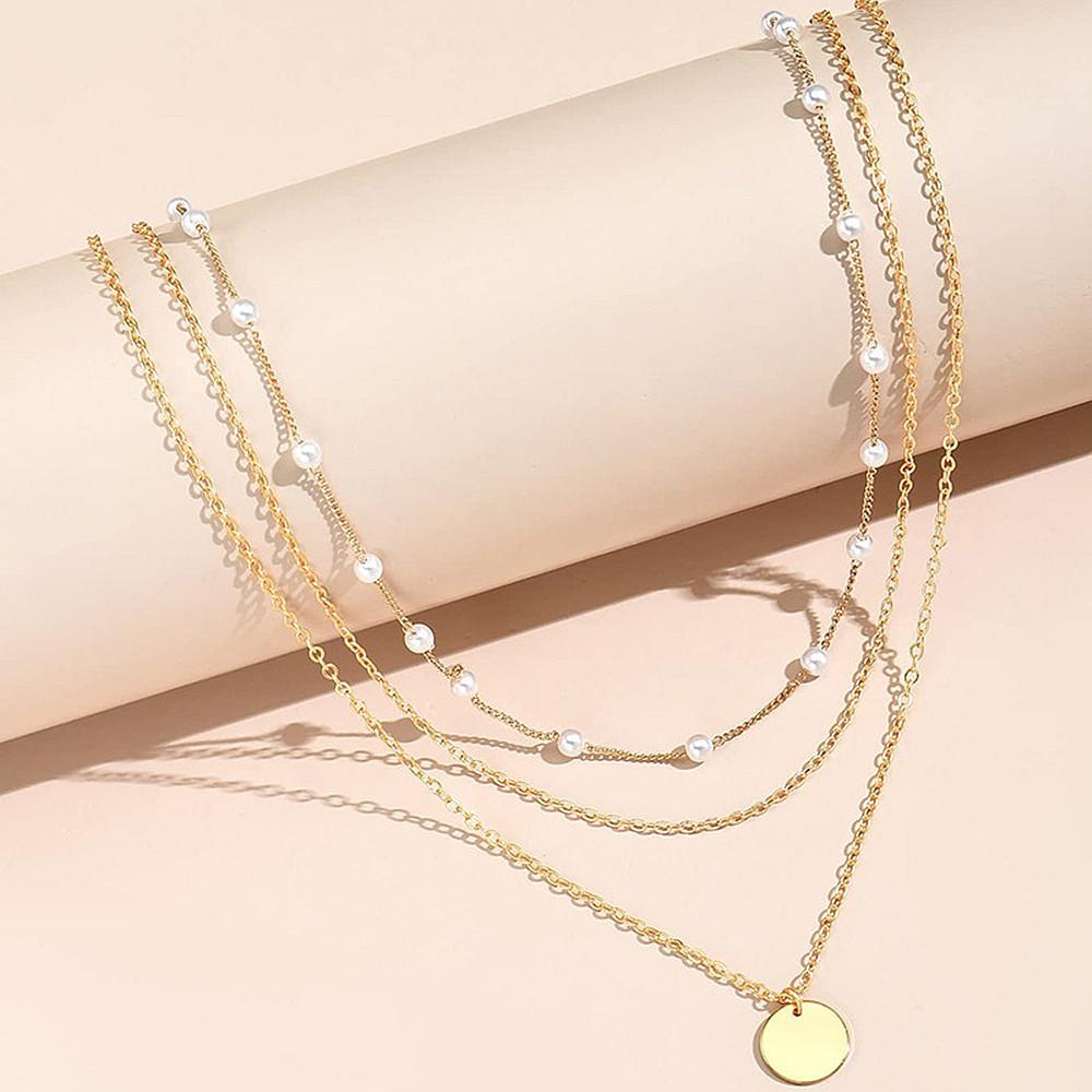 Simple imitation pearl chain collarbone chain female, multi-layer fashionable metal disc pendant necklace
