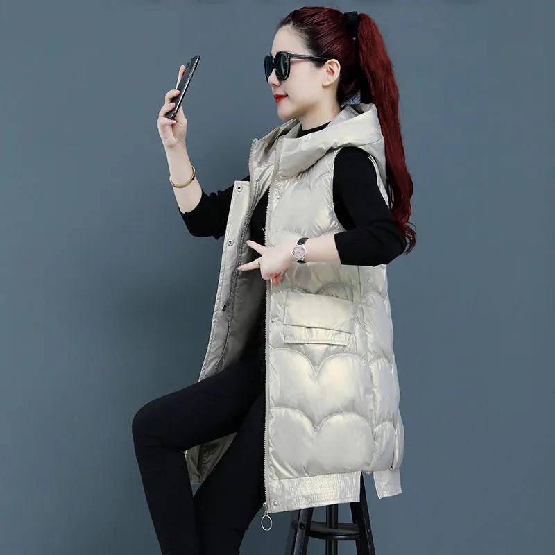 Women's Autumn and Winter Medium-Length Lightweight No-Wash Glossy Coat Solid Color Hooded Outerwear Vests