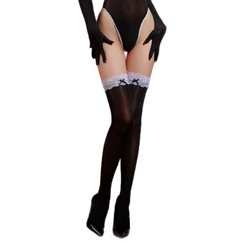 Sexy Women Lace Oil Shiny High Stockings Vintage Sexy Tights Sheer See Through Shaping Elastic Overknee Maid Stockings