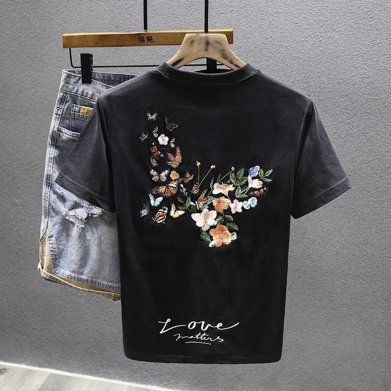 Men s Butterfly Flower Embroidery Back Print Short Sleeve T-Shirt Casual Streetwear Top S чёрный