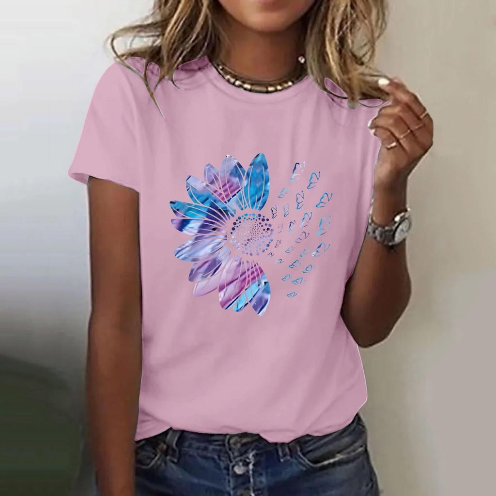 Women's Casual Floral Print Short Sleeved T-shirt With Round Neck  Top