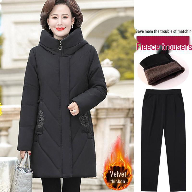 Red Mid-Length Winter Jacket for Middle-Aged and Elderly Women - Thick, Cotton-Padded, Suitable for Spring and Autumn