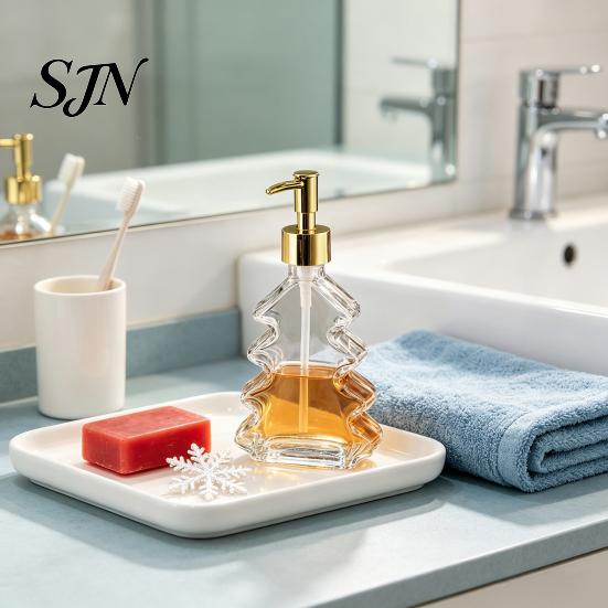 Glass Hand Soap Pump 300ml Christmas Tree Dispenser, Dish Dispenser with Pump, Hotel Guest Room Supplies Xmas Decorative Empty Bottle for Soap,