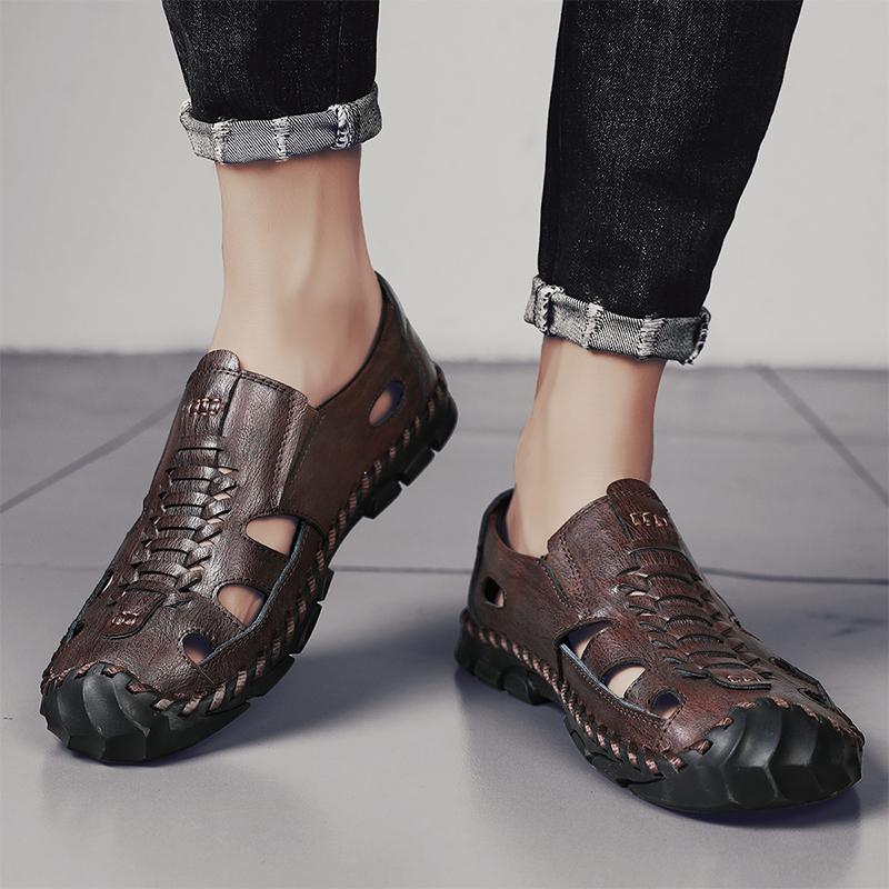 2025 New Men's Handmade Leather Sandals Flat Sandals Fashion Men's Suitable for Beach Vacation Summer Brown Non-slip Sandals