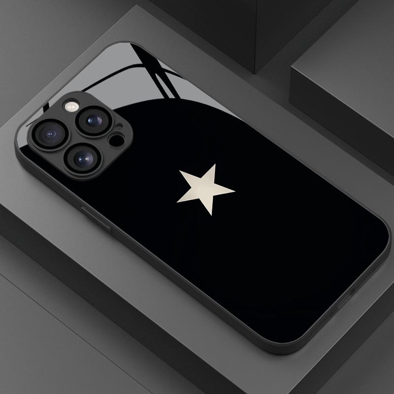 Black background white star glass phone case suitable for iPhone 17 16 15 14 13 12 11 Pro/Max/Plus anti drop and shockproof