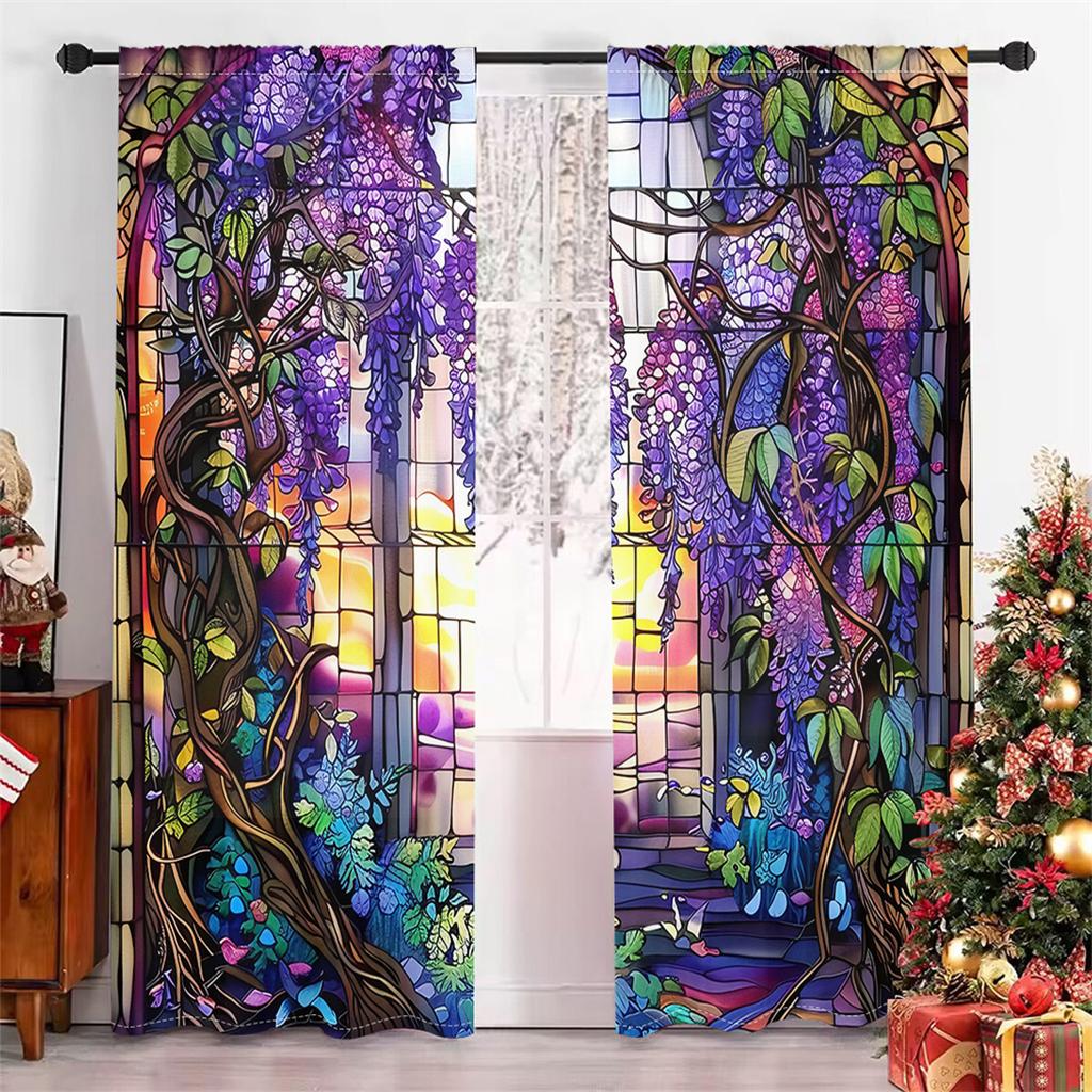 

Glass Textured Wisteria Flower Curtains Red Green Blue Garden Abstract Living Room Bedroom Window Decor Curtains 2 Panels 50W130H(CM)X2PCS&Rod Pocket