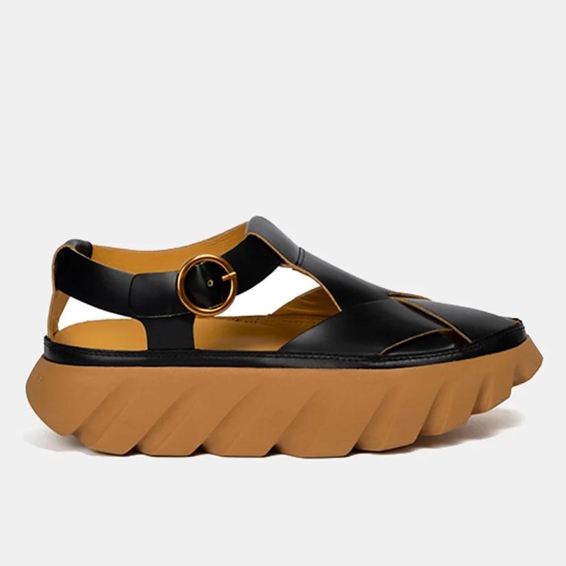 Fashion 2025 Spring Summer Thick-Soled Closed-Toe Sandals for Women Cowhide Casual Outdoor Beach Shoes Platform Hollow Roman Shoes