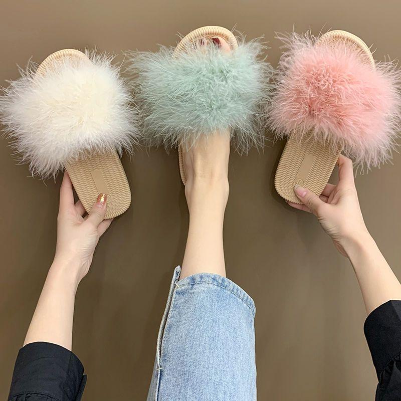 Pantofle Ploché Dámské Pantofle Huňaté Sandály Guma Léto Off White Boty pro Ženy 2024 Chlupaté Nadýchané Juniorské Nová Móda Jedinečné 39