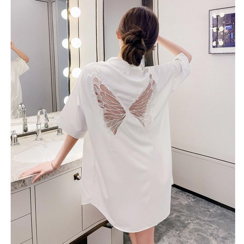 Ladies Boyfriend Style Shirt Breathable Nightgown Button Solid Back Butterfly Mesh See Through Sexy Nightgown Summer Loose Lightweight Nightwear