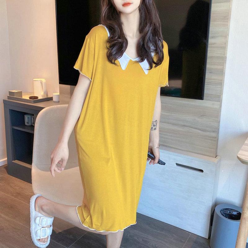 Modal Cotton Doll Collar Nightdress - Short Sleeve, Medium-Long, Loose Fit for Women