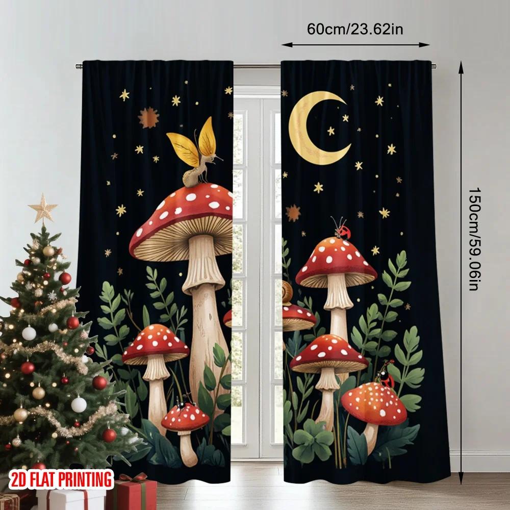 Set Of 2 Flat Printing Drapes Magical Mushroom Night Sky Digital Printed Polyester Family Party Use Home Wall Yard Curtain Made