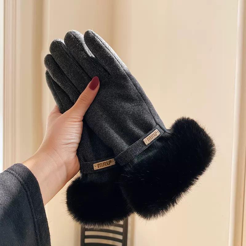 Høykvalitets Dame Semsket Skinn Berøringsskjerm Kjørehanske Vinter Dame Dobbel Tykk Plysj Håndleddsvarm Kasjmir Søt Sykling