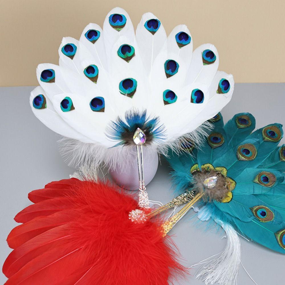Creative Peacock Feather Fan Handmade Decorative Craft Fan Pearl Feather Fan Photography Props
