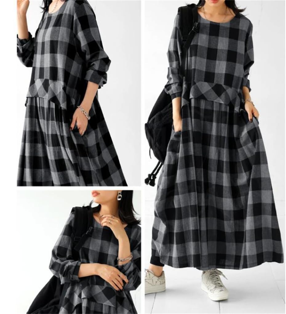 Maxi Checkered Long Loose Midi Long Maxi Winter One Size Fits [Mouhoukyo] Women's Dress, Pattern, Sleeves, Fit, Length, Length, Spring, Autumn, (Color