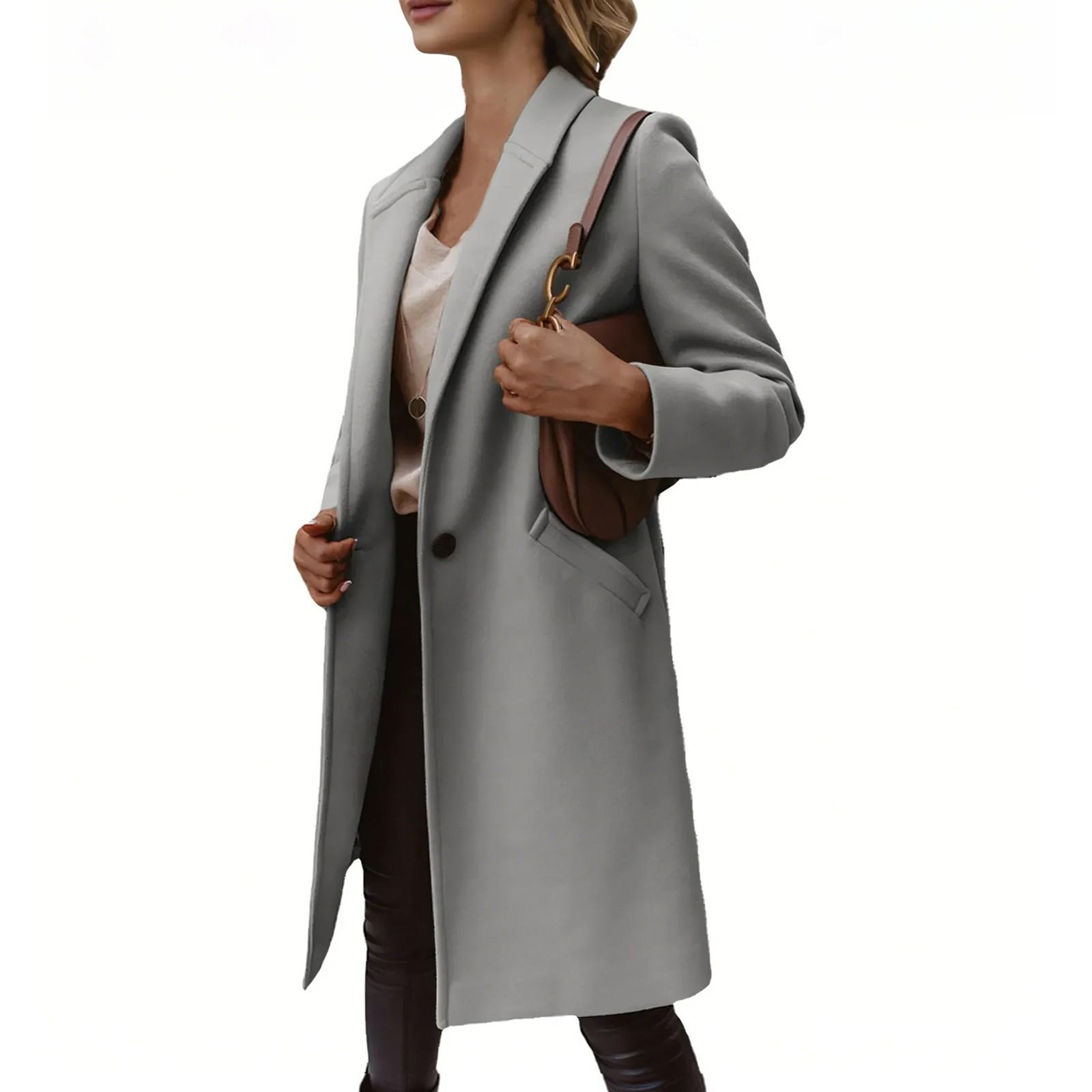 

Женское шерстяное пальто средней длины с однотонными лацканами и пуговицами XL