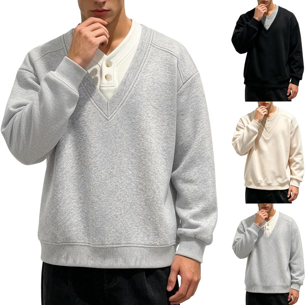 Men's Casual V-Neck Two-Piece Sweatshirt, Loose Fit Pullover for Spring Fall