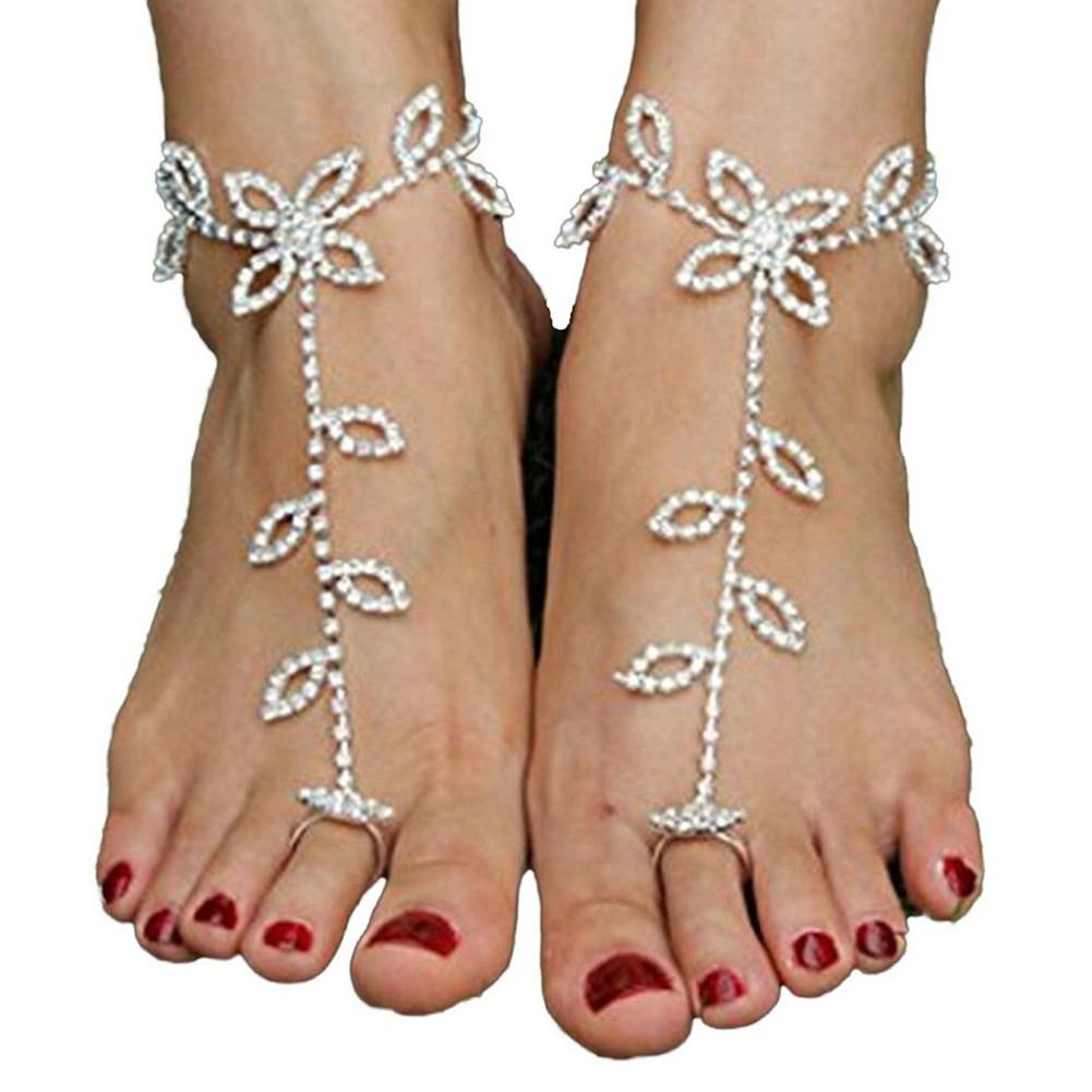 Women Lucky Clover Rhinestone Anklet Barefoot Sandals Beach Foot Chain Jewelry Accessory Circumference 8+4cm