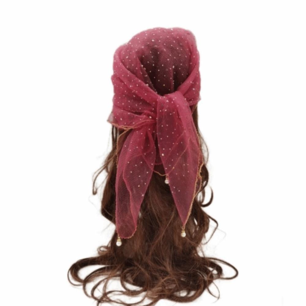 Pearl Tassel Rhinestone Square Scarf Hair Wrap Solid Color Full Sky Star Headwrap Lace Trim Breathable Fabric