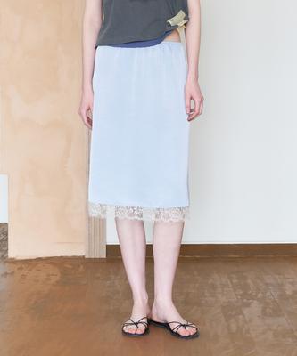 Tudment Satin Lace Midi Skirt_Light Blue