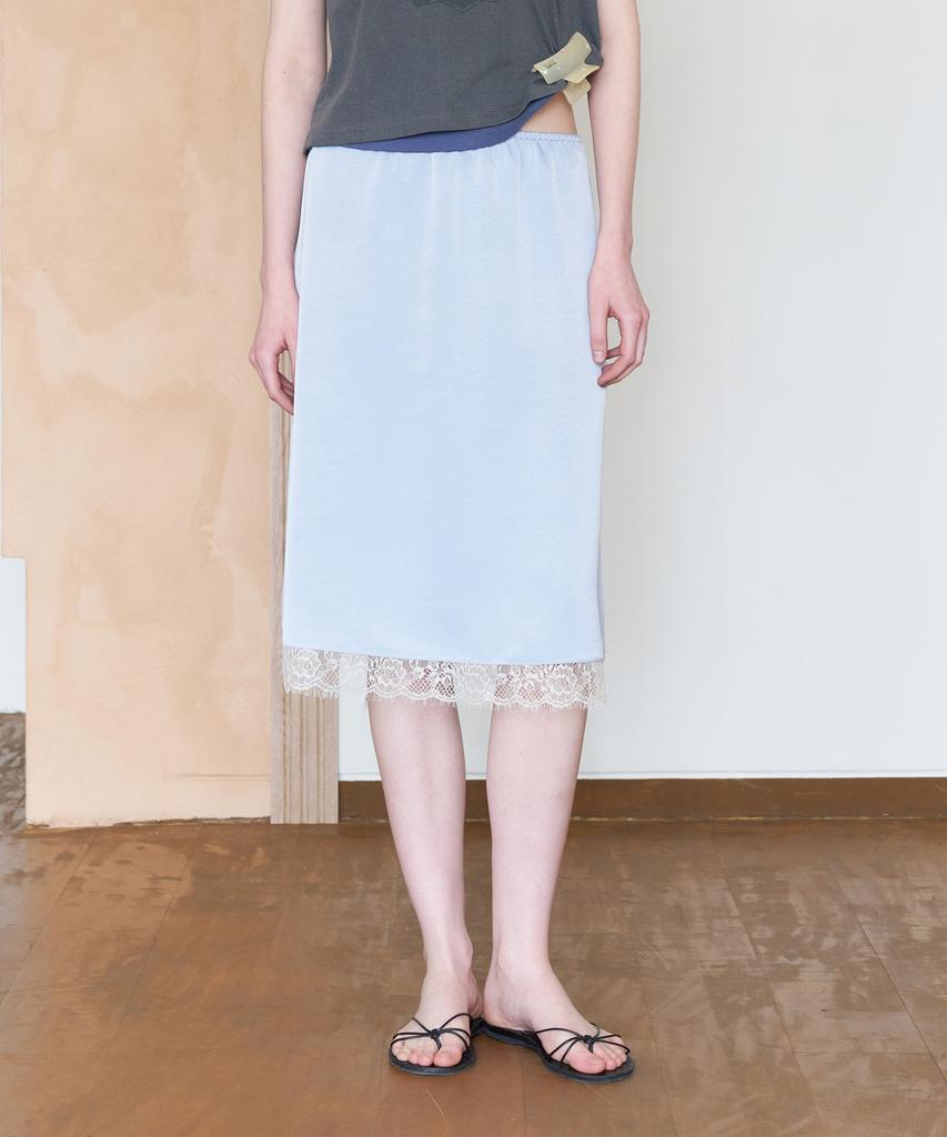 Tudment Satin Lace Midi Skirt_Light Blue