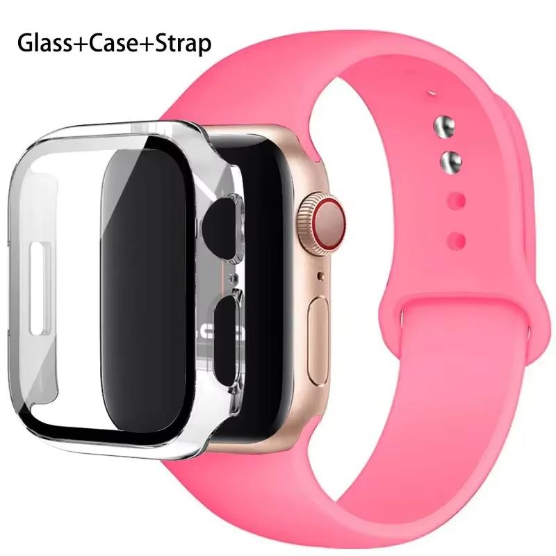 Glass+Case+Strap For Apple Watch band 46mm 45mm 44mm 41mm 40 38mm Silicone watchband bracelet iWatch series 10 9 8 7 6 5 4 3 SE