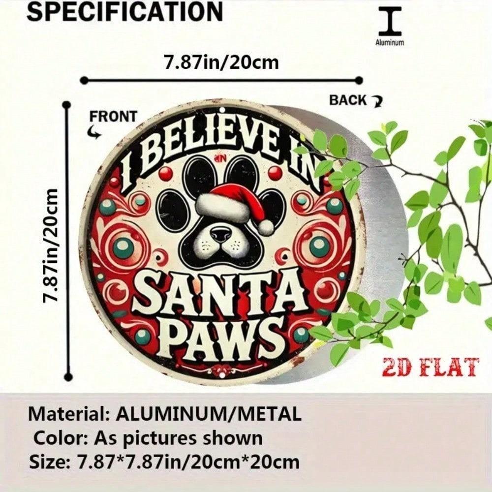 Santa Paws Aluminum Round Sign, Dog Christmas Wall Decor for Pet Lovers, Outdoor Garden Holiday Gift
