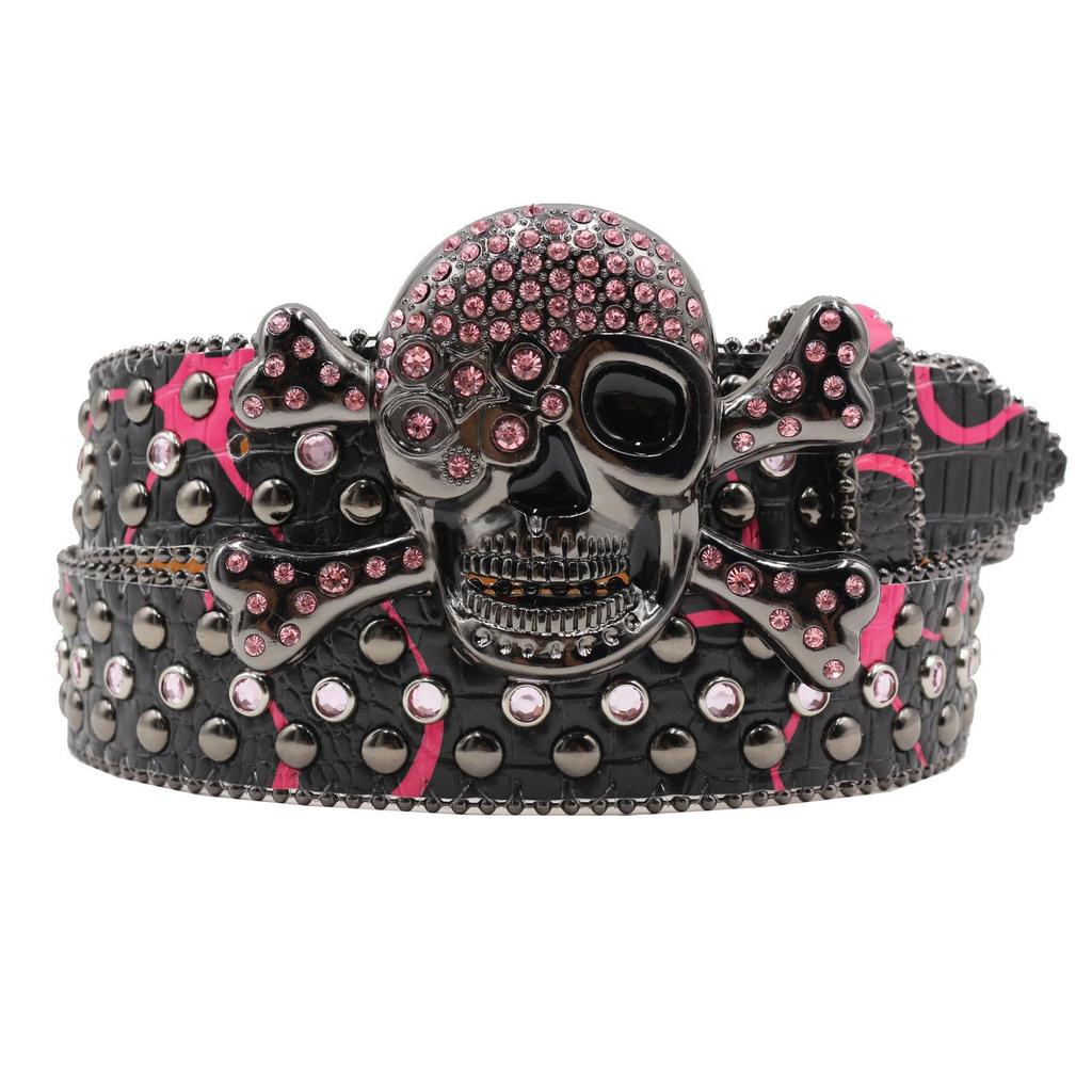 Unisex Rhinestone Skull Leather Belt - European Style Denim Waistband