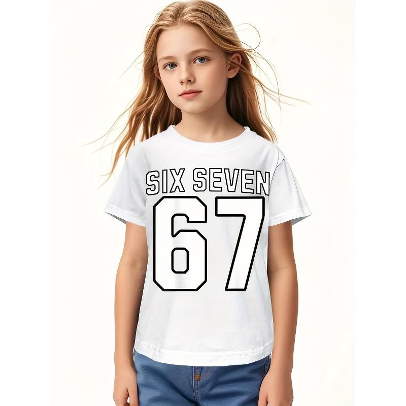Kids Crewneck Short Sleeve Tee, Six Seven 67 Meme Number Print
