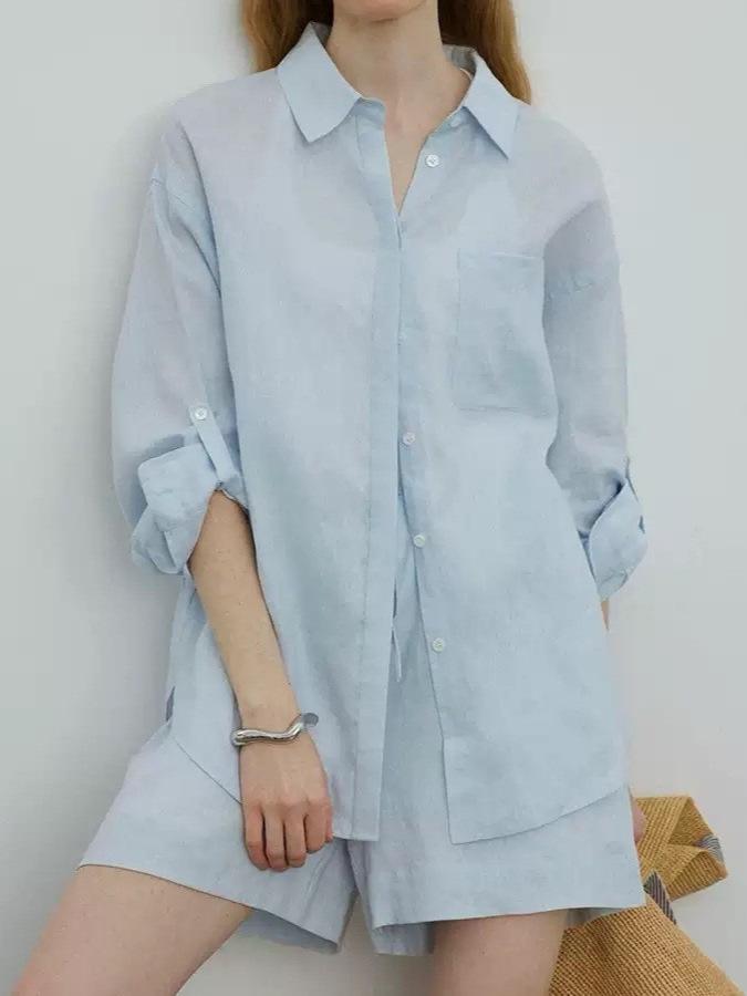 Leinen Oversize Hemd und Shorts Set - Weiß, Lässiger Sommerstil