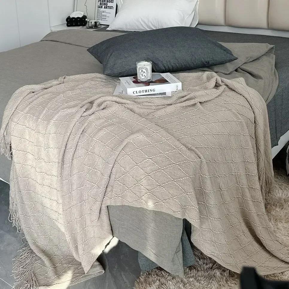 Gebreide Bedvlag met Garenkwastjes Effen Geruite Beduiteinden Handdoek Europese Katoenen Draad Bankdeken Kussenslopen 45x45 pillowcase1pcs