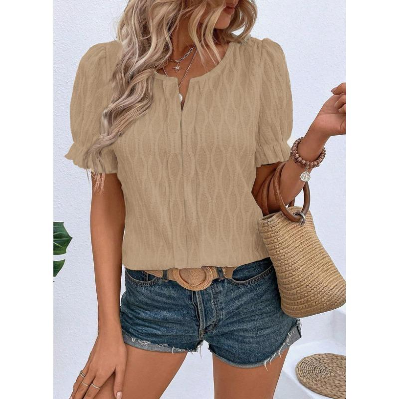 Spring and Summer New V-neck T-shirt Puffed-sleeve Jacquard Women's Casual Loose Short Sleeve