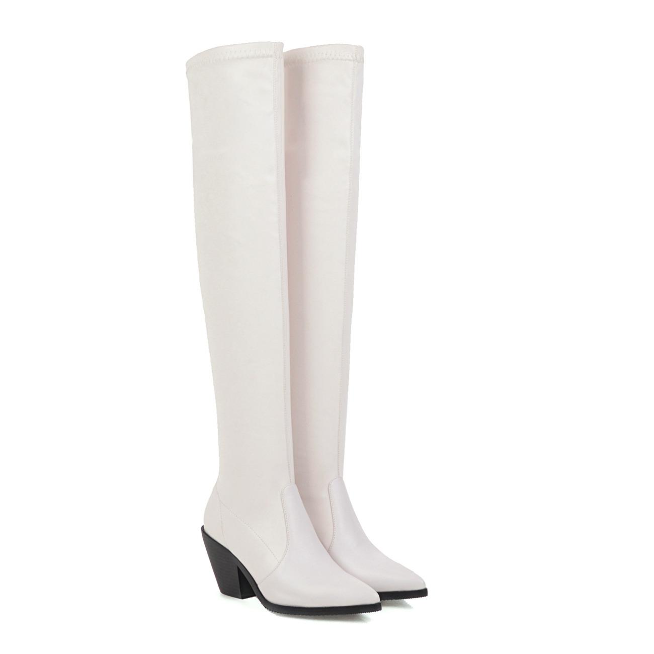 

95/Женские ботильоны на высоком каблуке осень и зима новые однотонные с острым носком на толстом каблуке большого размера эластичные ботинки 35 белый