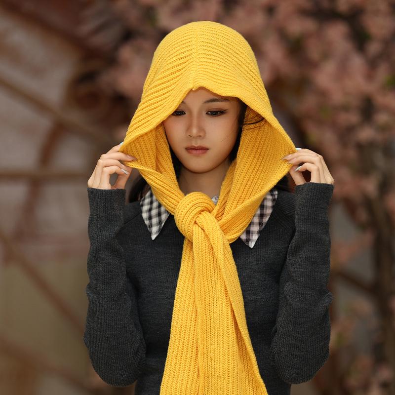 Korean Fashion Shawl Knitted Hat Winter Keep Warm Windproof Hood For Women жёлтый