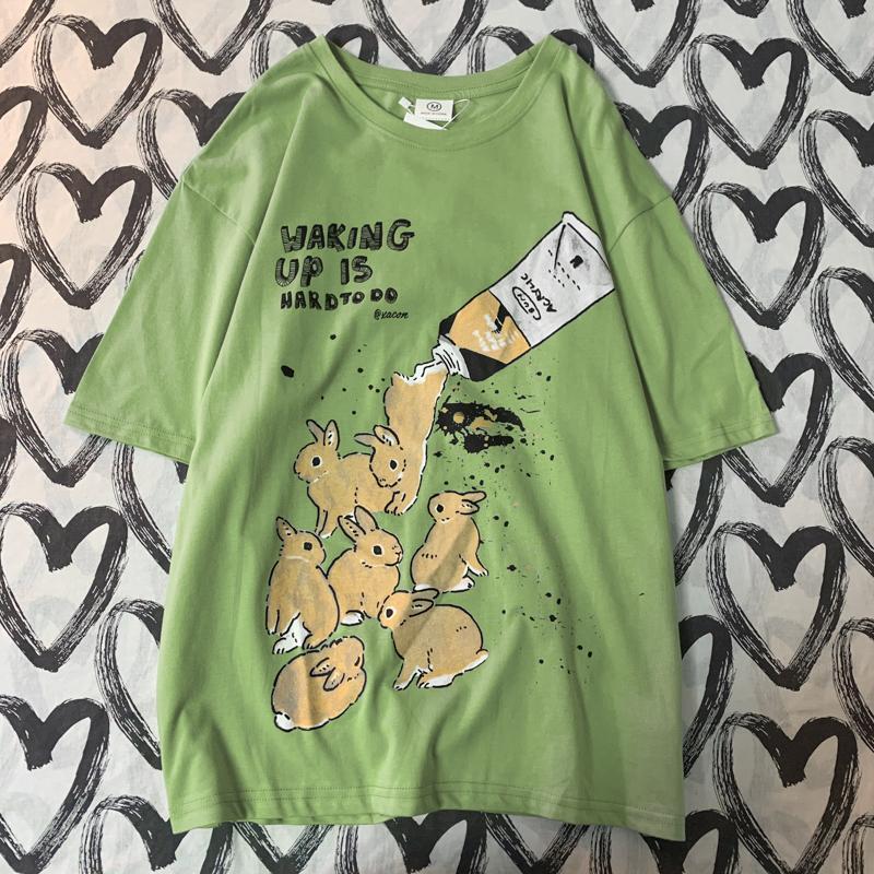 American Retro Rabbit Print Short Sleeved T-shirt For Women Men In Harajuku Lazy Style Pure Cotton Versatile Round Neck Tee