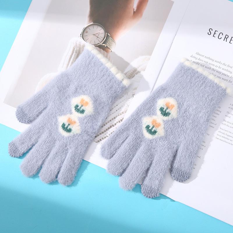 Korean Version of Women's Warm Gloves for Autumn and Winter Cold Proof Thickened Knitted Yarn Flowers Tulips Riding Touch Screen Finger