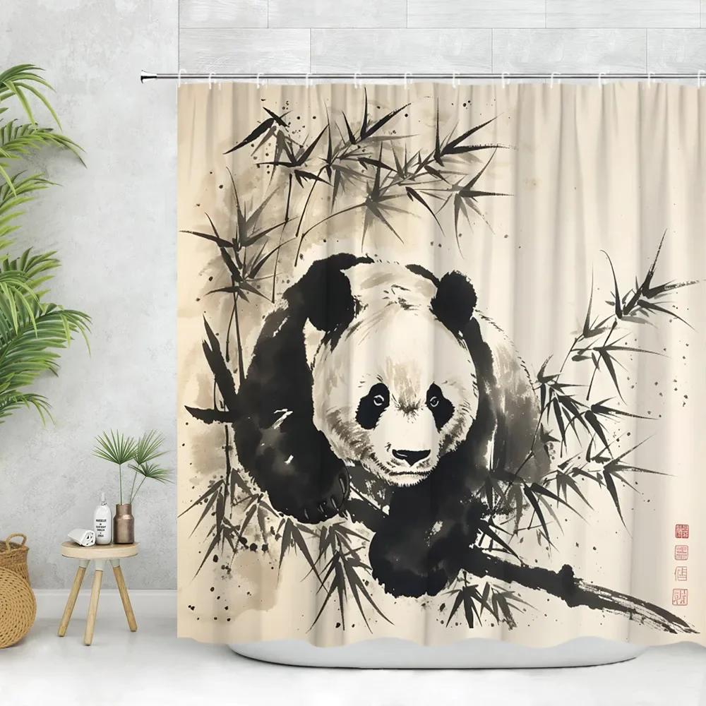 Asian Shower Curtain Ink Painting Crane Cherry Blossoms Japanese Woman Koi Panda Modern Polyester Fabric Bathroom Decor Curtain