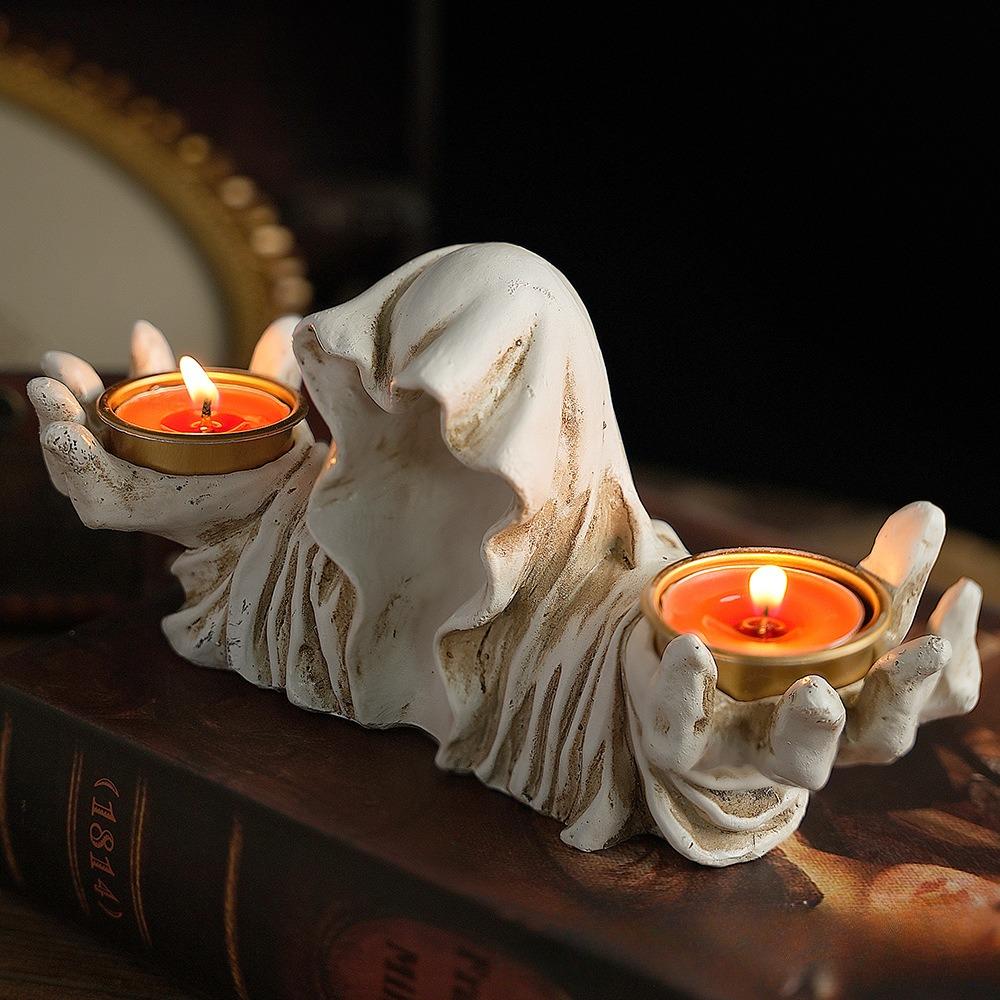 Halloween Decoration Ghost Wizard Candle Holder Resin Tealight Candlestick Home Table Desk Bookshelf Gothic Holiday Ornaments