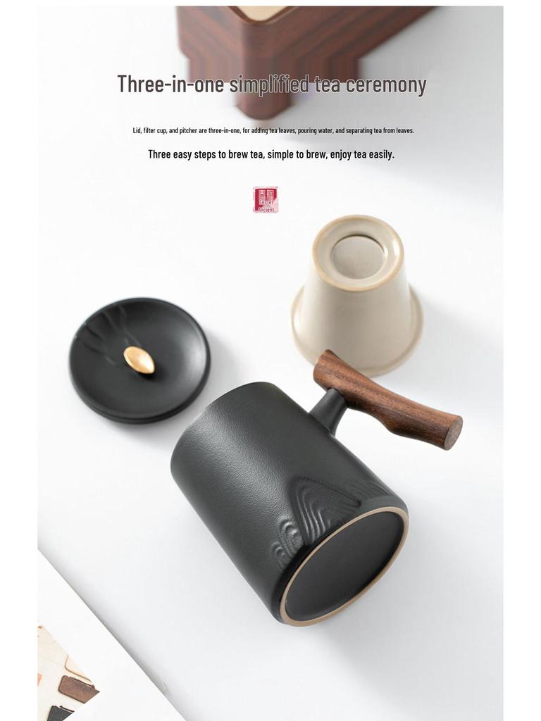 Ceramic Tea Cup with Water Separation, Large Capacity, All-Ceramic Filter, Walnut Wood Handle, Customizable Logo.