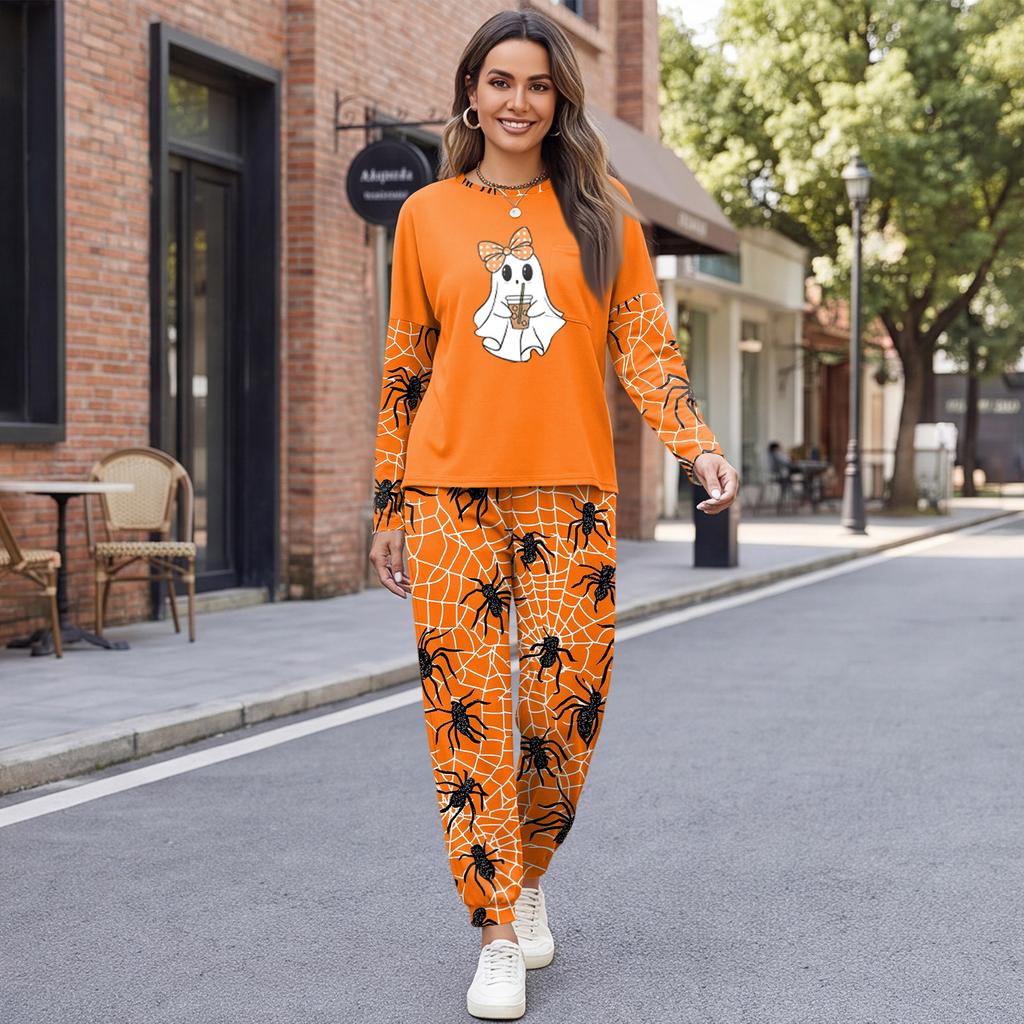Women's Casual Sweatshirt and Jogger Set with Halloween Print, Round Neck, Loose Fit, Chest Pocket