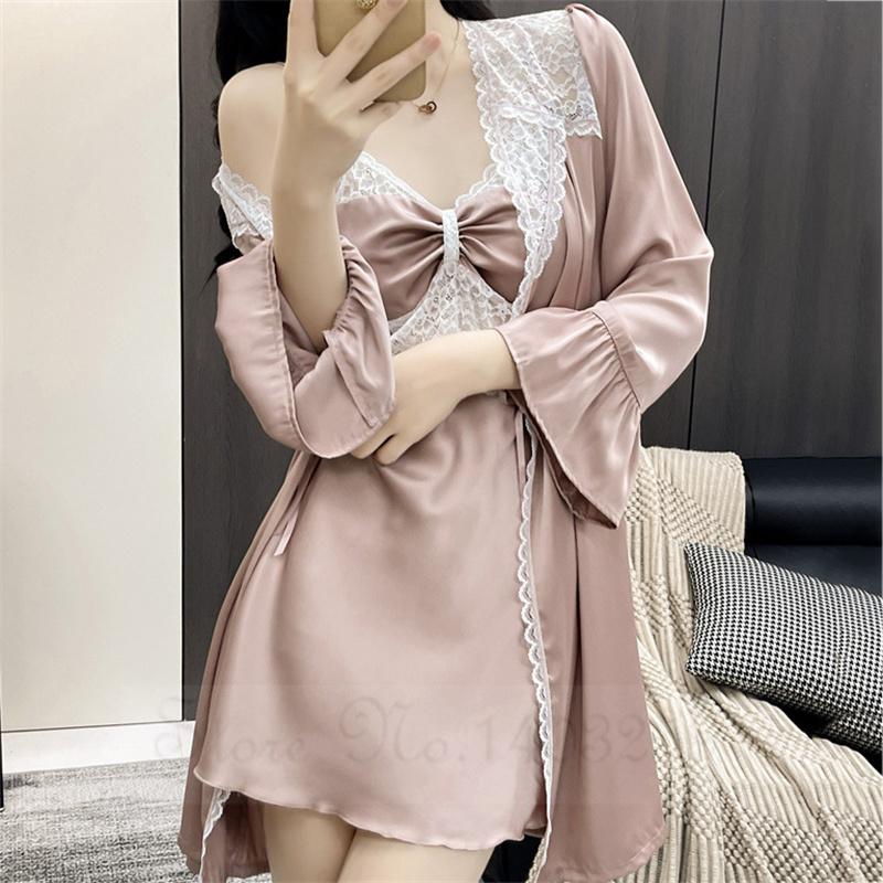 Female Patchwork Lace Twinset Robe Set Kimono Bathrobe Gown Sexy Sleepwear Nightgown Lingerie Silky Satin Home Dress Lounge Wear
