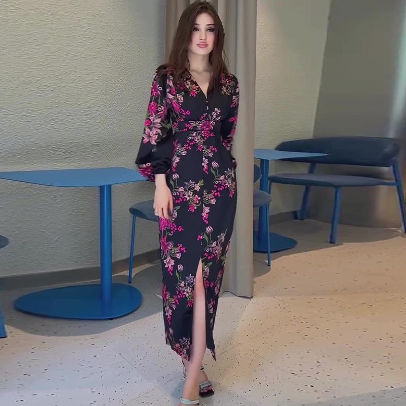 

2024 Осень Европейская и Американская Женская Мода Платье с Принтом, Высоким Разрезом и Длинным Рукавом XL чёрный