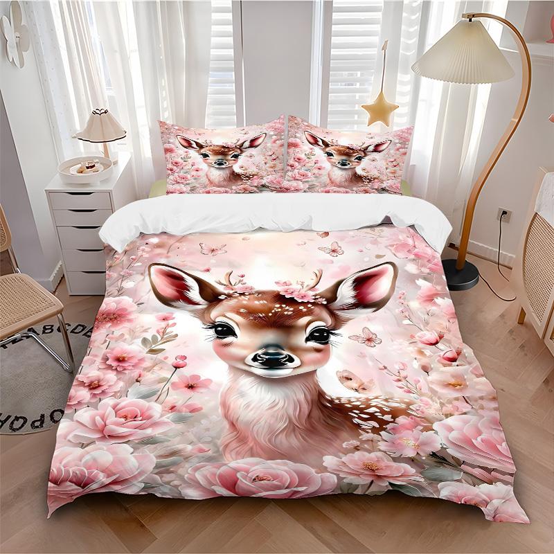Floral Deer Fantasy Scene Print 3Pcs Bedding Setduvet Cover With 2 Bedropillowcase Home Birthday Gift