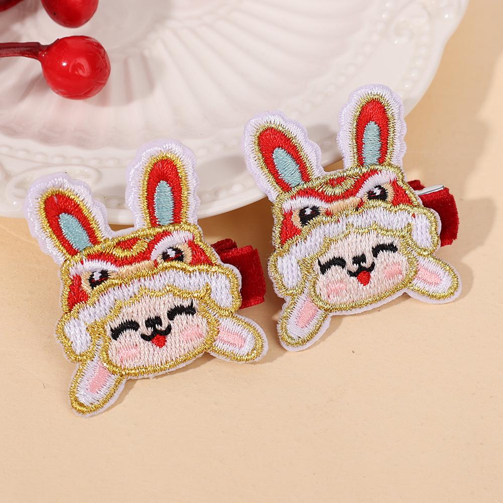 Kids New Year Hair Accessories Plush Embroidered Lion Dance Clips Girl Chinese Red Cartoon Lion Head Hairpin Holiday Headwear